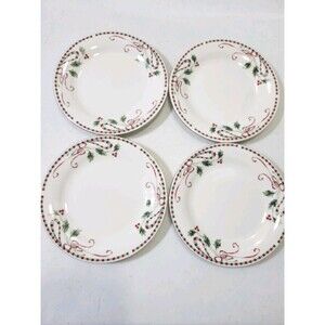 Home Essentials Tartan Ribbon Holly Gold Trim Bread Dessert Plates 7"